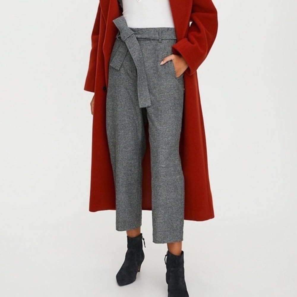 Wilfred • Aritzia Jallade Pant wool tie waist belted Grey Tweed cropped taper